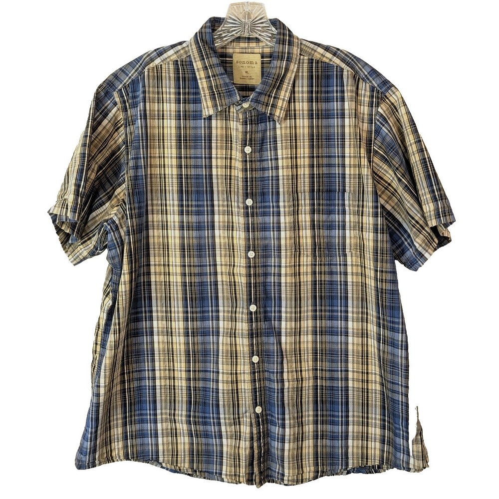 Sonoma Men's Size XL Short Sleeve Shirt Blue Plaid Button Up Everyday Collared